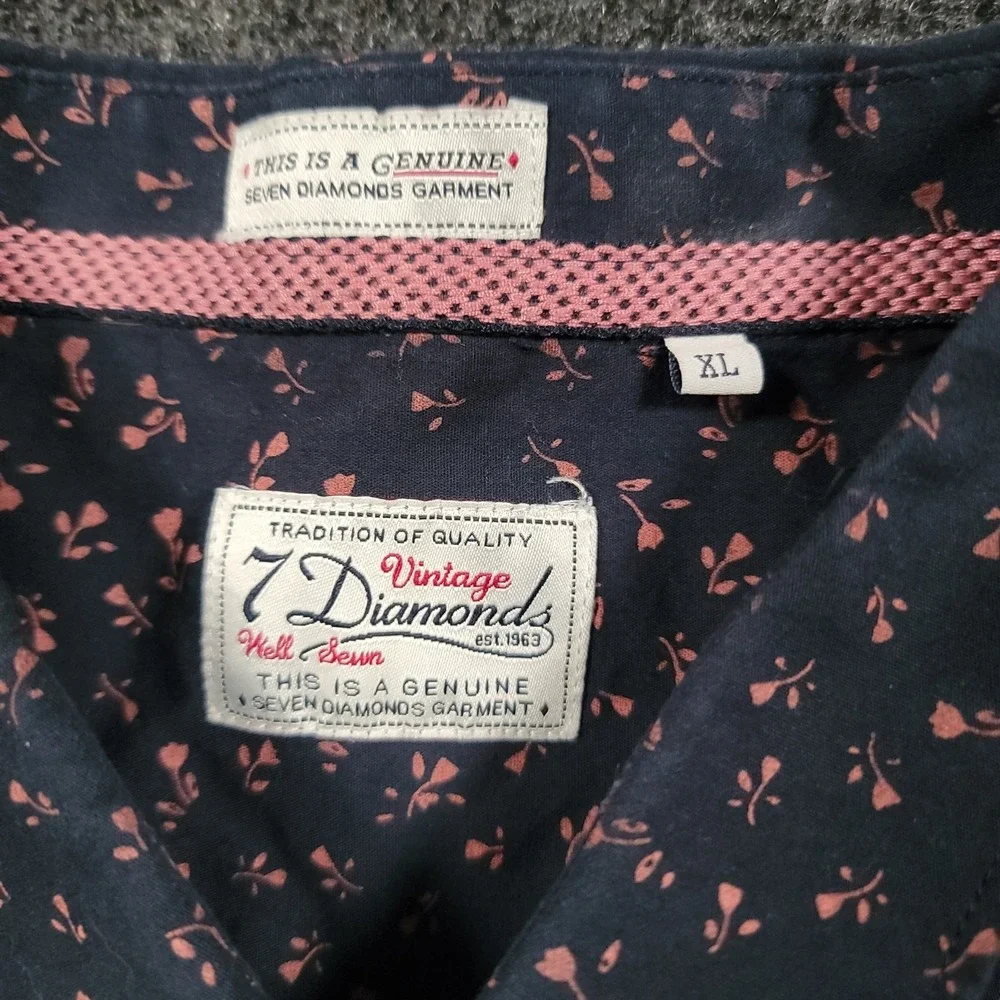 7 Diamonds‎ Men Short Sleeve Button Up Shirt XL Navy Pink Micro Floral
